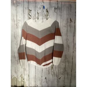 Shein Chevron Stripe Knit Sweater S Pink Grey Cream Chunky Crewneck Pullover